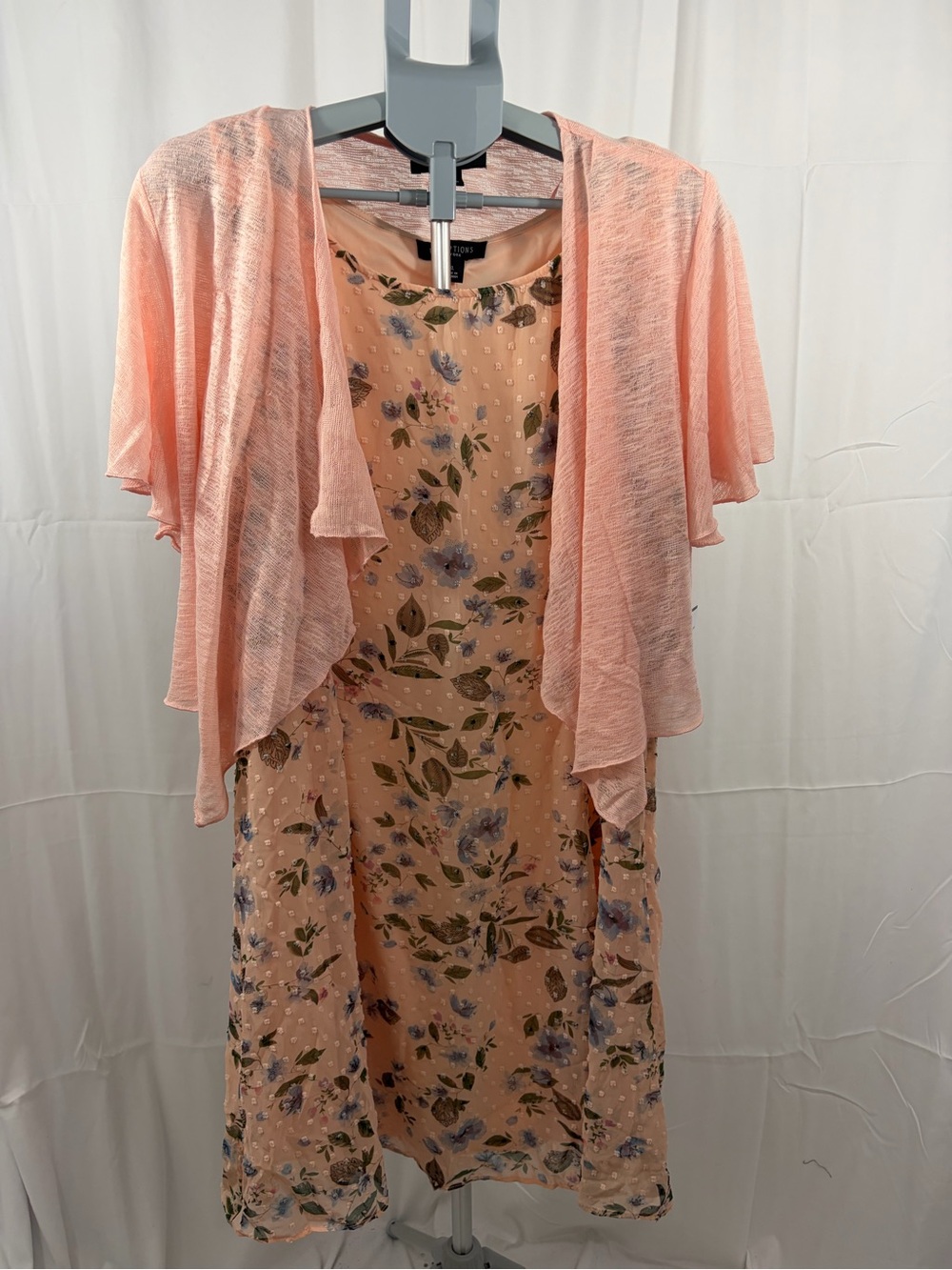 NWT Perceptions NY Women's Size XL Peach Floral Dress with Sheer Ruffled Shrug